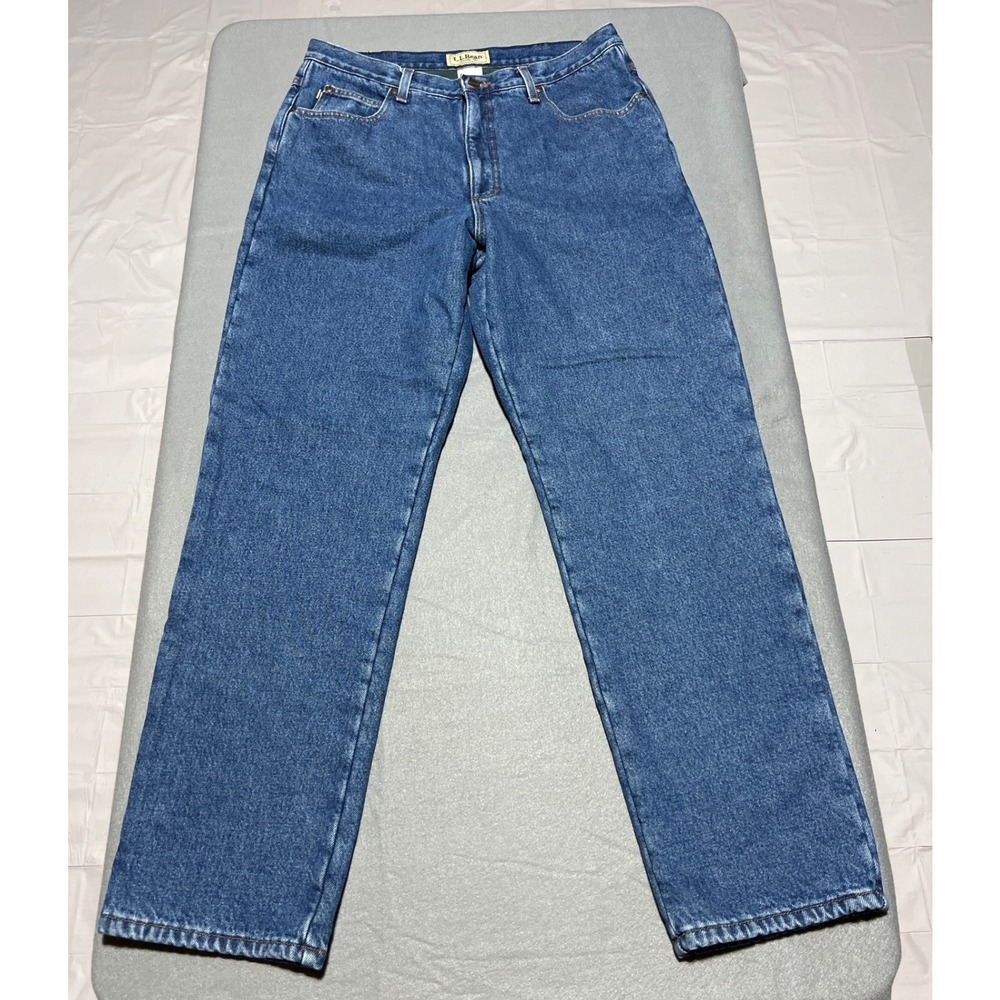 LL Bean Classic Fit Fleece Lined Jeans Mens 35x32 Blue Denim Green 162343